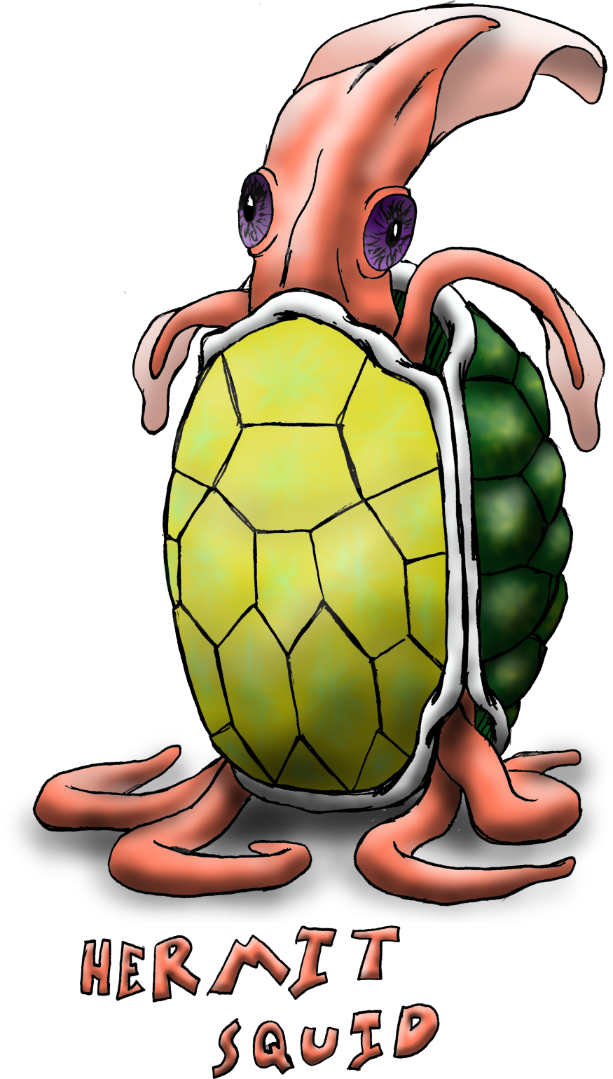 Hermit Squid - Since the Hermit Squid has legs, it feels that it deserves to live on land. Whenever it finds something from the surface world, it picks it up and tries to pass itself off as this new identity. This particular one is trying to convince us that it is a tortoise.